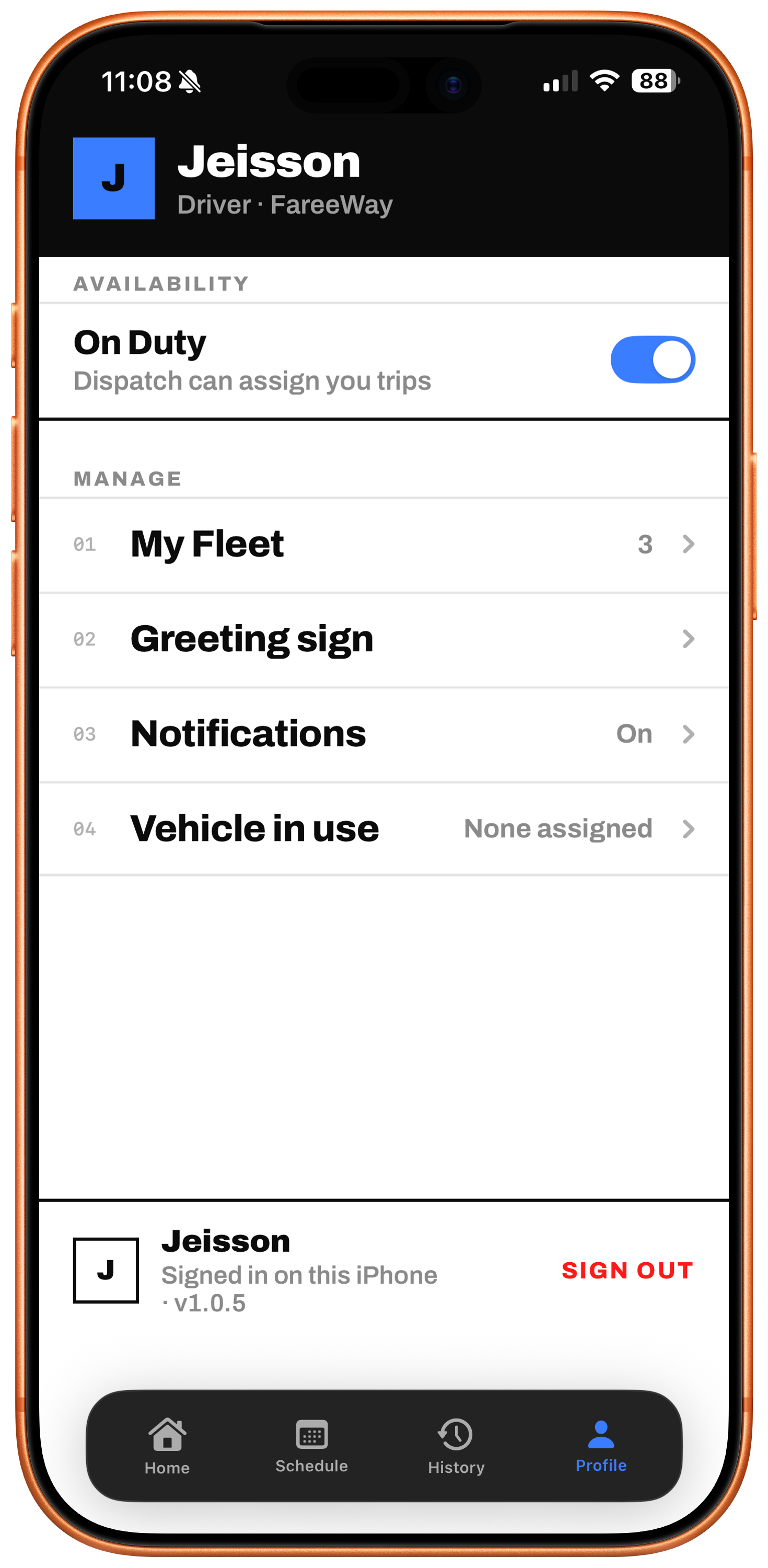 FareeWay Driver profile showing the on-duty toggle, fleet and vehicle in use